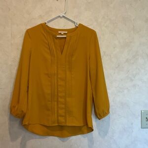 Skies Are Blue Mustard Pintuck Split-Neck Blouse